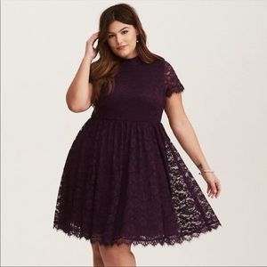 Plum high neck lace skater dress
